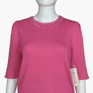 Nanette Lepore womens half Sleeve Rib Sweater Jewel Trim Neck Fuschia Large NEW